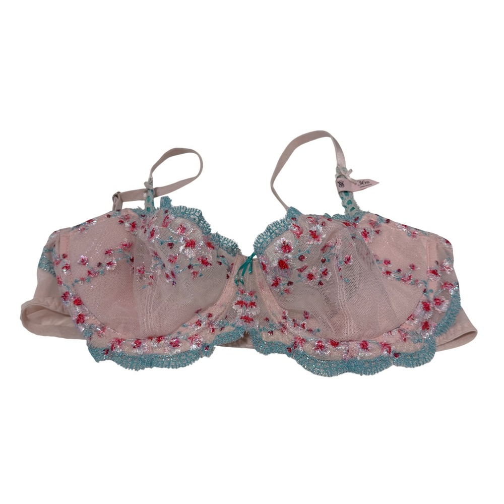 Victoria's Secret Pink Floral Embroidered Lace Unlined Demi Bra 36B Teal Trim